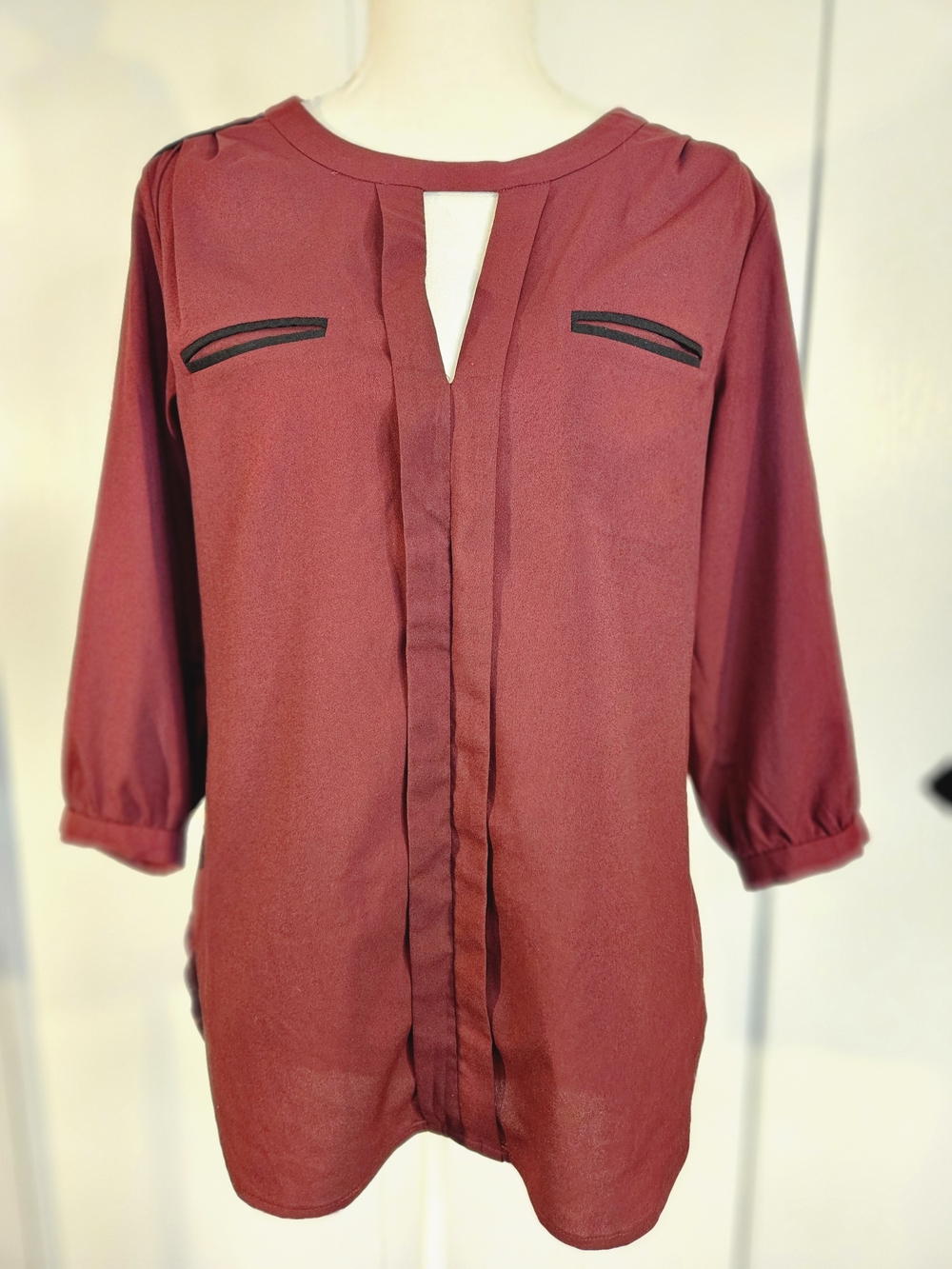 French Connection Burgundy Long-Sleeve Blouse with Black Trim